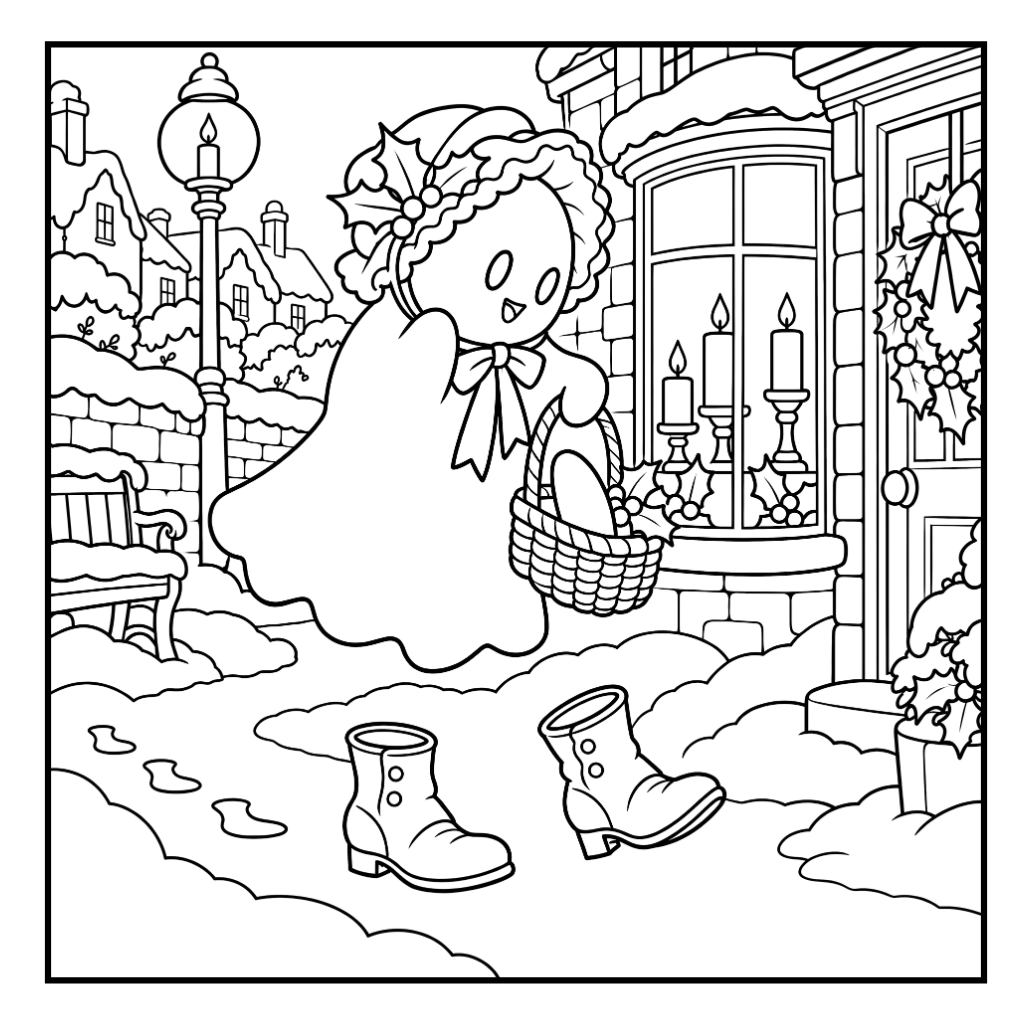 Christmas ghost colouring page featuring a ghost carrying a basket through a snowy Victorian street.
