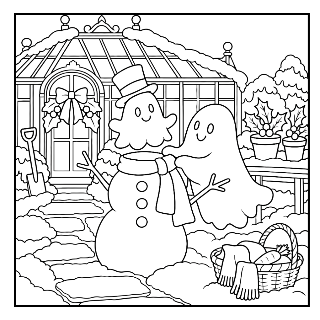 1. Christmas ghost colouring page with two ghosts building a snowman outside a snowy Victorian greenhouse.