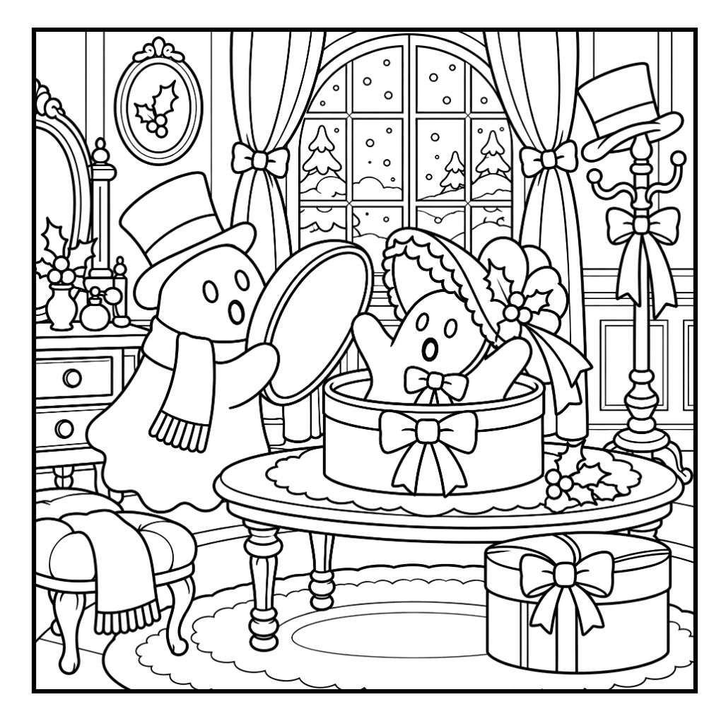 Victorian Christmas ghost colouring page with two ghosts opening a festive hat box in a candlelit parlour.