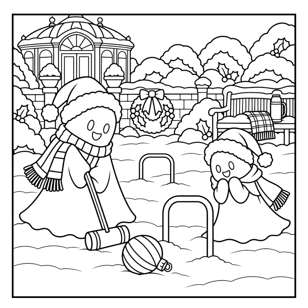 Victorian winter ghost colouring page with two ghosts playing croquet in a snowy garden.